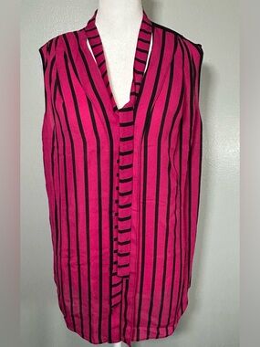Worthington Hot Pink and Black Striped Sleeveless V-Neck Blouse